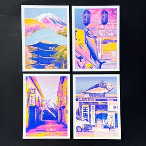 Set mit 4 kleinen Japan-Collage-Landschafts-Risographiedrucken