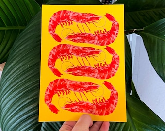 A5 off-set print of a bunch of colorful shrimps