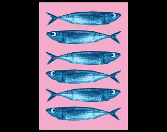 May include: Six blue fish are arranged vertically on a pink background. The fish are all facing the right side of the image.