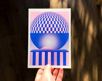 small risograph card of a pink blue geometric landscape