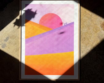 紫と黄色の砂丘風景を描いた3色シルクスクリーン印刷作品（50×70cm）