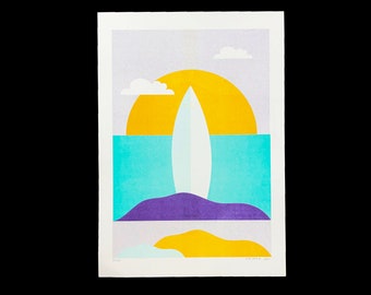 A3 risograph print of a pastel surf landscape