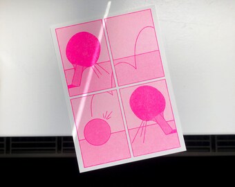 small risograph print of a ping pong game in fluorescent pink