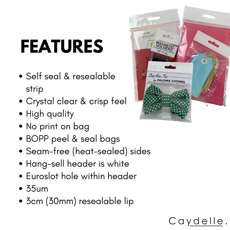 May include: Clear plastic bags with a resealable strip, a white header, and a euro slot hole. The bags are 3.5 inches wide and have a 3-inch resealable lip. The bags are shown with a green and white bow tie, a blue tag, and a pink card with the text "You're Sizzlin!" and "Magnetic Holders".