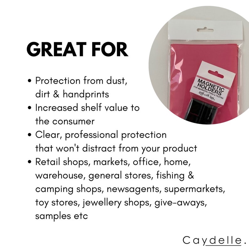 May include: Pink packaging with a clear plastic window showing black magnetic holders for markers, pens, and textas. The text "MAGNETIC HOLDERS" is printed on the packaging. The text "GREAT FOR" is printed in black on a white background. The text below "GREAT FOR" lists several uses for the magnetic holders, including retail shops, markets, office, home, warehouse, general stores, fishing and camping shops, newsagents, supermarkets, toy stores, jewellery shops, give-aways, and samples.