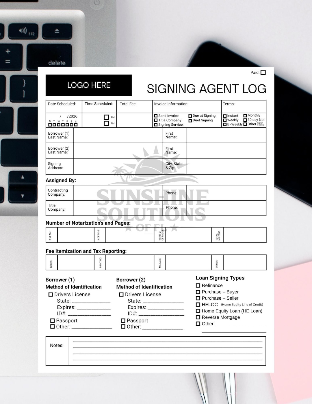 Signing Agent Log Template | Editable & Printable Loan Signing Journal ...