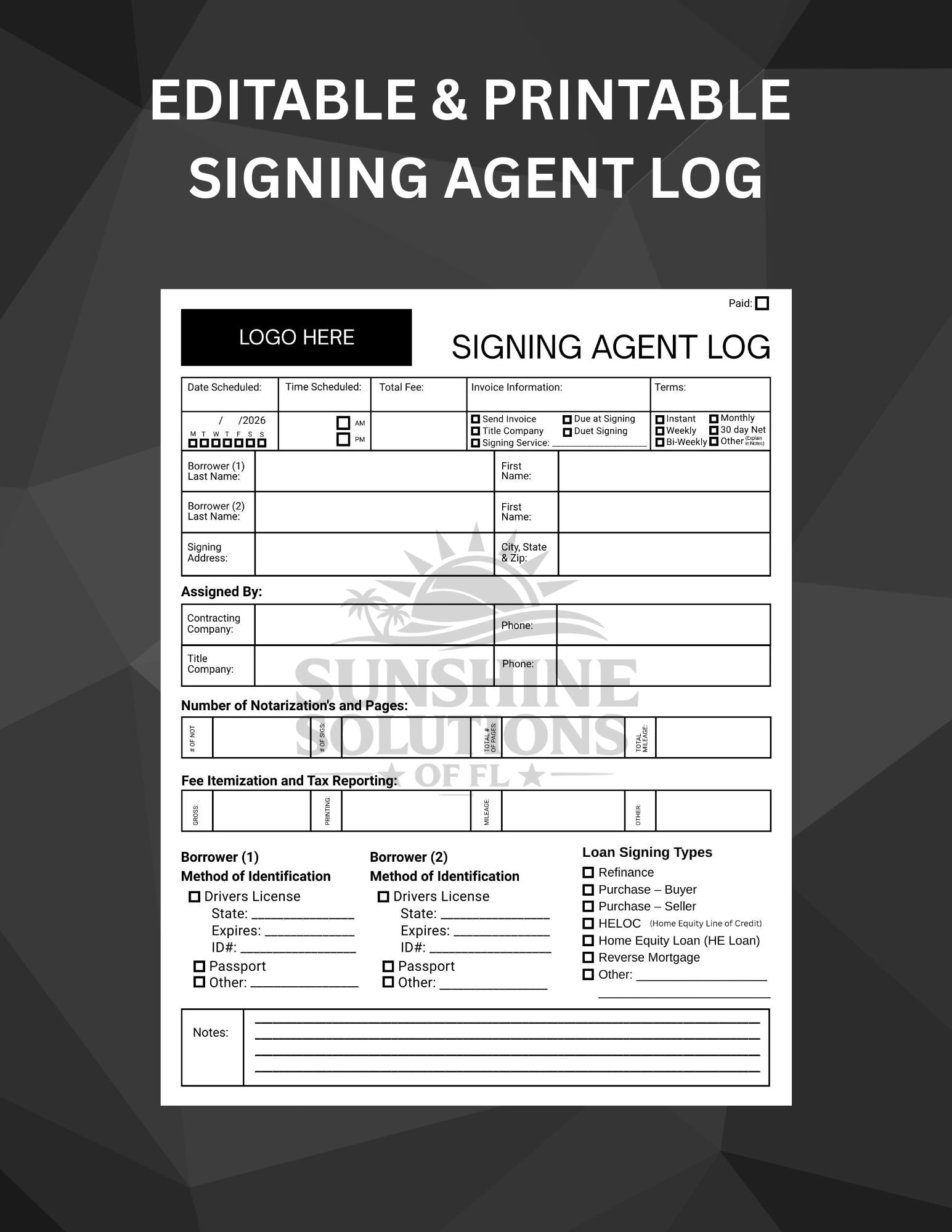 Signing Agent Log Template | Editable & Printable Loan Signing Journal ...