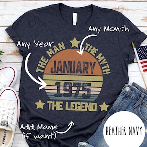 May include: Heather navy t-shirt with a retro design. The design includes the text "THE MAN THE MYTH JANUARY 1975 THE LEGEND" in a circular pattern. The shirt is paired with denim shorts, white sneakers, and a small American flag.