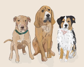Custom Dog Art / THREE Dog Drawing DIGITAL DOWNLOAD / Custom Illustration 3 Pets / Pet Lovers Gift / Personalized Pet Portrait
