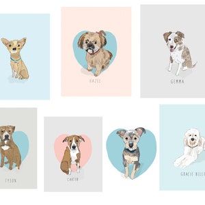 May include: Collection of dog portraits, each set against a pastel background. The dogs are depicted in a whimsical style, with names like "Hazel" and "Gemma" beneath them. The artwork features a variety of breeds and poses.