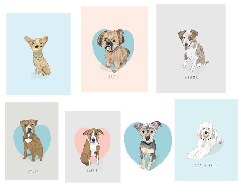 May include: Collection of dog portraits, each set against a pastel background. The dogs are depicted in a whimsical style, with names like "Hazel" and "Gemma" beneath them. The artwork features a variety of breeds and poses.