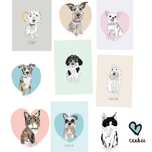 Puede incluir: Una colecci&oacute;n de retratos ilustrados de mascotas con perros y un gato. Cada retrato est&aacute; ambientado sobre un fondo de color, algunos con forma de coraz&oacute;n. Los retratos incluyen los nombres "Toby", "Hudson" y "Dexter", junto con la firma del artista.