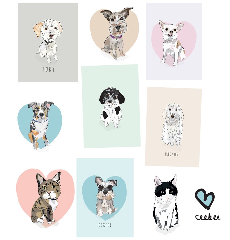 Puede incluir: Una colecci&oacute;n de retratos ilustrados de mascotas con perros y un gato. Cada retrato est&aacute; ambientado sobre un fondo de color, algunos con forma de coraz&oacute;n. Los retratos incluyen los nombres "Toby", "Hudson" y "Dexter", junto con la firma del artista.