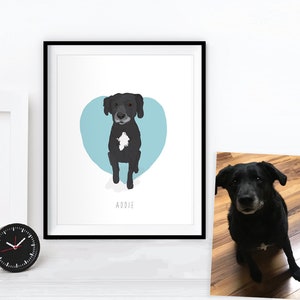 May include: A framed art print featuring a black dog with a white chest marking, set against a light blue heart shape. The dog's name, "Addie," is written below. A small, black analog clock is on the left.