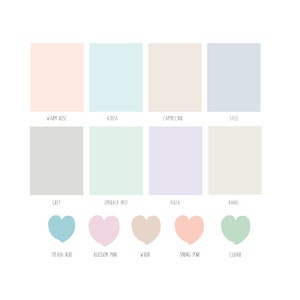 May include: A white background features color swatches and heart shapes. The swatches are labeled with color names like "Warm Rose," "Azula," and "Cappuccino." Below, heart shapes are labeled "Splash Blue," "Blossom Pink," and "Wood."