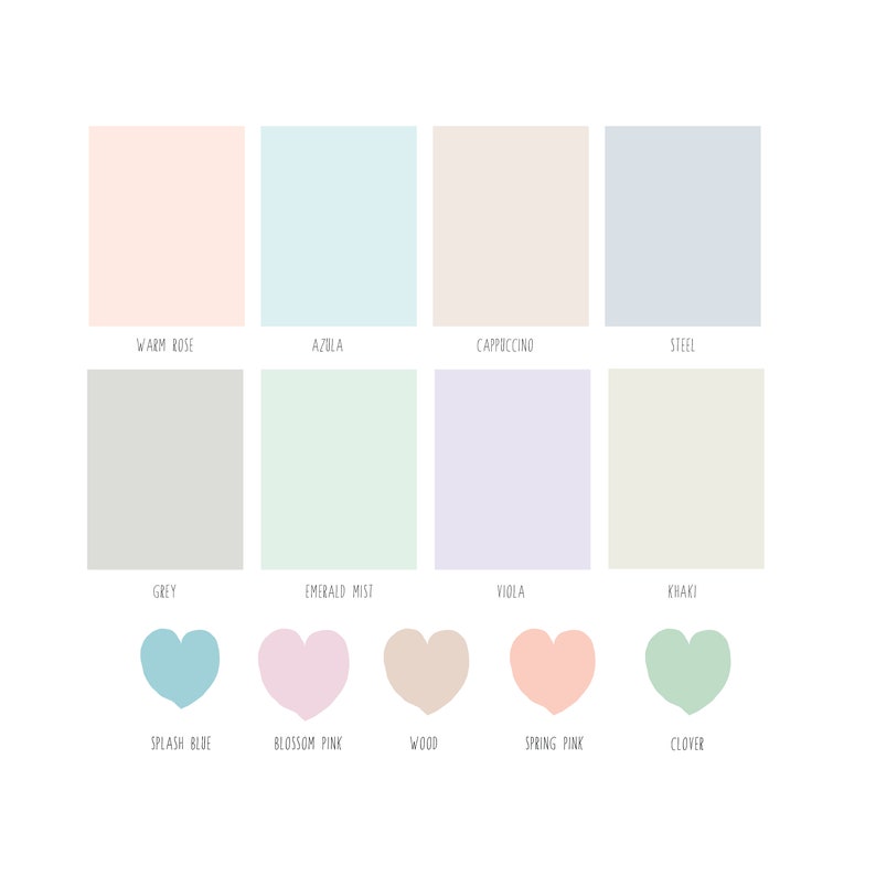 May include: A white background features color swatches and heart shapes. The swatches are labeled with color names like "Warm Rose," "Azula," and "Cappuccino." Below, heart shapes are labeled "Splash Blue," "Blossom Pink," and "Wood."