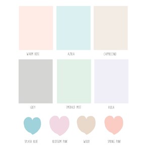 Puede incluir: Un fondo blanco con muestras de color y formas de coraz&oacute;n. Las muestras muestran colores como Warm Rose, Azula, Cappuccino, Grey, Emerald Mist y Viola. Las formas de coraz&oacute;n son en Splash Blue, Blossom Pink, Wood y Spring Pink.