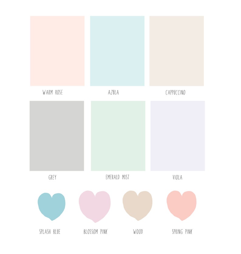 Puede incluir: Un fondo blanco con muestras de color y formas de coraz&oacute;n. Las muestras muestran colores como Warm Rose, Azula, Cappuccino, Grey, Emerald Mist y Viola. Las formas de coraz&oacute;n son en Splash Blue, Blossom Pink, Wood y Spring Pink.