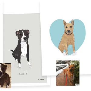 May include: Four dog portraits on white paper, each with a unique dog illustration. The illustrations are set against a light blue heart shape. The dogs are in various poses, with their names written below. A photo of each dog is also included.