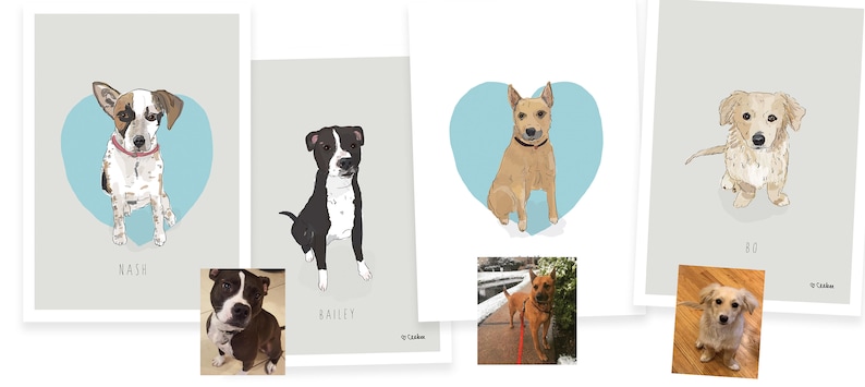 May include: Four dog portraits on white paper, each with a unique dog illustration. The illustrations are set against a light blue heart shape. The dogs are in various poses, with their names written below. A photo of each dog is also included.