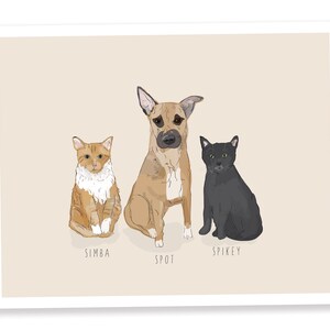 Puede incluir: Una impresi&oacute;n enmarcada con ilustraciones de tres mascotas: un gato atigrado naranja llamado Simba, un perro marr&oacute;n llamado Spot y un gato negro llamado Spikey. Las mascotas est&aacute;n dibujadas en un estilo de dibujos animados simple sobre un fondo beige.