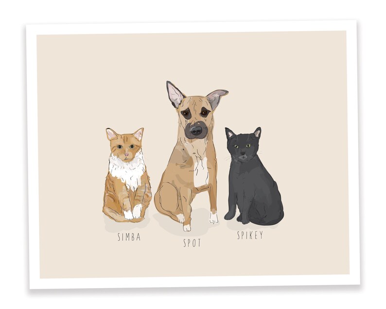 Puede incluir: Una impresi&oacute;n enmarcada con ilustraciones de tres mascotas: un gato atigrado naranja llamado Simba, un perro marr&oacute;n llamado Spot y un gato negro llamado Spikey. Las mascotas est&aacute;n dibujadas en un estilo de dibujos animados simple sobre un fondo beige.