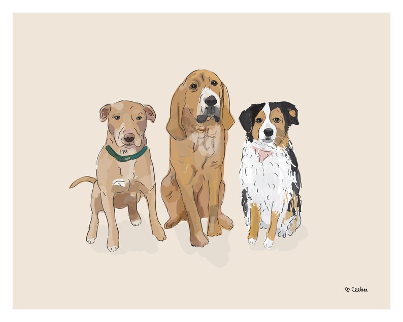 Puede incluir: Ilustraci&oacute;n de tres perros: un pitbull marr&oacute;n con un collar verde, un sabueso marr&oacute;n y marr&oacute;n, y un pastor australiano negro, blanco y marr&oacute;n. Los perros est&aacute;n sentados sobre un fondo beige claro.