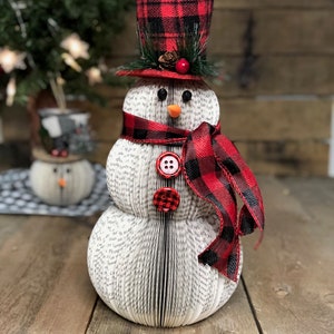 Snowman BOOK Art - Teacher Gifts, Book Lovers, Shelf Sitter, Librarians, Upcycled Book Art, Old Books, Bibliophile, Book Worm, Buffalo Plaid