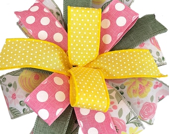 Spring Summer Wreath Bow Pink Yellow Green Floral Wreath Bow Lantern Mailbox Basket Door Bow Floral Gift Bow