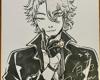Custom 7” x 8” Ink and Grayscale Marker Shikishi Commission with Metallic Ink Detailing