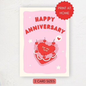 Carte imprimable joyeux anniversaire, gâteau coeur vintage rose et rouge, anniversaire de mariage, amour, rencontre, impression à la maison, carte 4 x 6 et carte 5 x 7