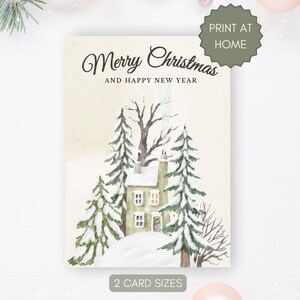 Tarjeta navideña imprimible "Feliz Navidad y próspero año nuevo": tarjeta navideña con árboles nevados, para imprimir en casa, tarjeta de 4 x 6 y tarjeta de 5 x 7