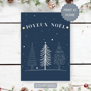Wydrukowana kartka świąteczna „Joyeux Noel” (francuski) – prosta ciemnoniebieska kartka świąteczna z białymi drzewami, do wydrukowania w domu, format 4x6 i 5x7
