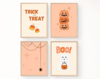 Set of 4 Printable Cute Halloween Wall Art, Non-scary kid-friendly Ghost Spider Pumpkin Halloween Gallery Wall Art Pack, Digital Download