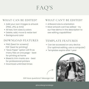 May include: FAQ's about a digital template for a printable design. The template features a black and white photo of a woman wearing a hat and a white shirt. The text on the page describes the features of the template, including what can be edited and what cannot be edited.