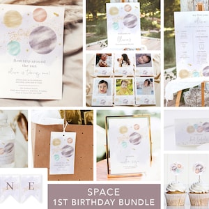 First Trip Around the Sun Birthday Bundle, Space Invitation 1st Birthday, Instant Download, Templett, 0010-GB