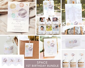 First Trip Around the Sun Birthday Bundle, Space Invitation 1st Birthday, Instant Download, Templett, 0010-GB