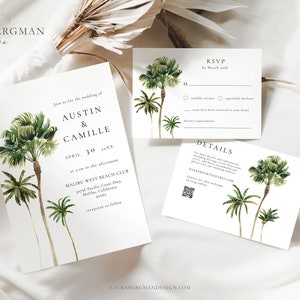 Palm Tree Invite, RSVP Card, Details Card, Beach Wedding Invite, Tropical Wedding, Instant Download, Templett, #0014-B