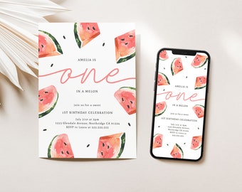 One In a Melon First Birthday Invitation Template, Watermelon Birthday, Melon 1st Bday, Instant Download, 0015-EI