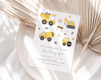 May include: Construction themed birthday party invitation with yellow and gray construction vehicles, a stop sign, and the text "Stop the traffic and join the crew Alex is turning four!"  Saturday, May 13th, 1 PM - 4 PM. Telson's House, 1684 Cambridge Court, Scottsdale AZ, 85034. RSVP to Laura at 480-000-0000.
