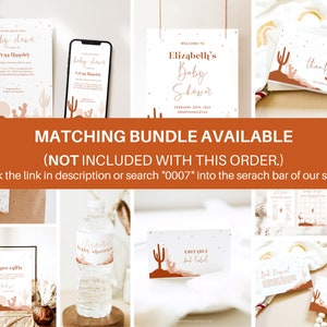 May include: A set of printable baby shower invitations and decorations featuring a desert cactus theme. The invitations are in a light brown color with a cactus graphic and the text "baby shower" and "Leyna Hausley". The decorations include a welcome sign, a thank you sign, a diaper raffle sign, a water bottle label, and a printable game card.