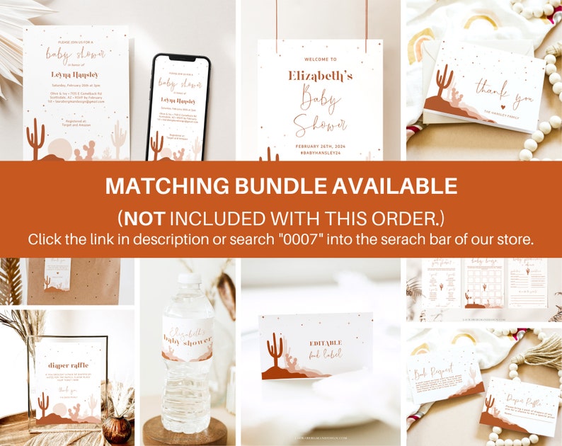 May include: A set of printable baby shower invitations and decorations featuring a desert cactus theme. The invitations are in a light brown color with a cactus graphic and the text "baby shower" and "Leyna Hausley". The decorations include a welcome sign, a thank you sign, a diaper raffle sign, a water bottle label, and a printable game card.