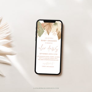 Digital Boho Baby Shower Evite, Pampas Boho, Digital Invitation, Electronic Invitation, Evite, Templett Invite, 0008-BSE