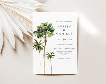 Op de afbeelding: Huwelijksuitnodiging met een aquarel-illustratie van palmbomen. De uitnodiging is voor Austin en Camille, en de bruiloft is op 30 april. De bruiloft zal plaatsvinden in de Malibu West Beach Club in Malibu, Californië.