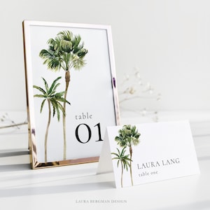 Números de mesa e cartões de lugar com palmeiras, números de assentos para casamento na praia, ícones de refeição, casamento tropical, download instantâneo, Templett, #0014-TP
