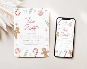 Two Sweet Birthday Invitation: Pastel Christmas Theme (Digital Download)