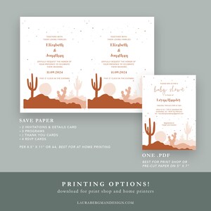 May include: Printable save the date cards with a desert theme. The cards feature a cactus silhouette against a sunset background with gold glitter accents. The text reads "Together with their loving families, Elizabeth & Jonathan, joyfully request the honor of your presence to celebrate their wedding, 11.09.2024, Five o'clock in the evening."