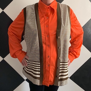 Vintage 1970s Plus Size Brown and White Striped Button Down Vest
