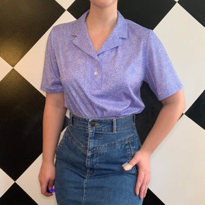 Vintage 1970s Polo Collared Blouse Blue and White