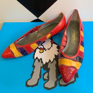 May include: A pair of red, yellow, and purple pointed-toe flats with a snakeskin pattern. The shoes are on a blue box with a cartoon dog on it. The shoes say "Giustini" on the inside.